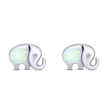Elephant Stud Earring Created White Opal Solid 925 Sterling Silver (10mm)